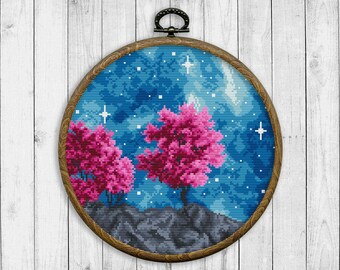 Nature Cross Stitch Pattern, Modern Cross Stitch Pattern, Landscape Cross Stitch Pattern, Mountain, Pink Tree, Starry Sky, Galaxy Landscape