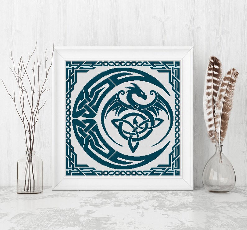 Dragon Cross Stitch Pattern, Sampler Cross Stitch Pattern, Celtic Cross Stitch, Moon, Modern Cross Stitch, Monochrome, Instant Download PDF image 3