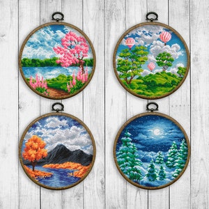 Set 4 Seasons Nature Cross Stitch Pattern, Modern Cross Stitch Pattern, Landscape Cross Stitch Pattern, Spring, Summer, Autumn, Winter