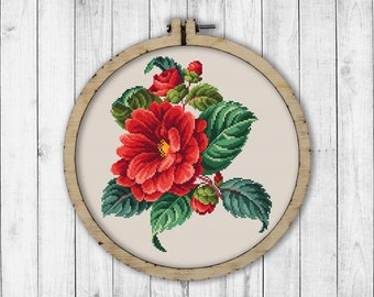 Vintage Camellia Cross Stitch Pattern, Flower Cross Stitch Pattern, Embroidery Camellia, Victorian Embroidery, Berlin Woolwork, Wall Decor