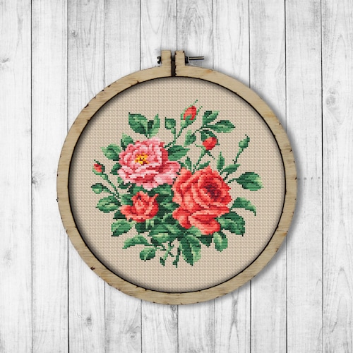 Vintage Roses # 1 Cross Stitch Pattern, Garden Roses Cross Stitch