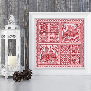 May include: A framed cross-stitch design featuring a red castle and floral patterns. The design is stitched on white fabric and framed in a white frame.