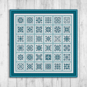 Patrón de punto de cruz de muestra, gráfico de punto de cruz contado de alfombras, muestra de adornos cuadrados, muestra de bordado, almohada, descarga instantánea de PDF