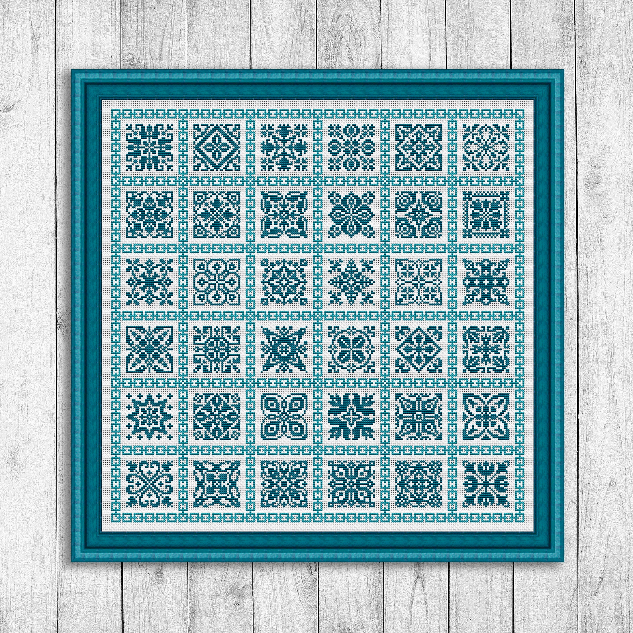 Cross Stitch Pattern Blue Sampler Instant Download PDF Counted Chart