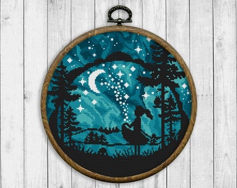 Nature Cross Stitch Pattern, Landscape Counted Cross Stitch Chart, Girl, Forest, Starry Sky, Moon, Night Sky, Galaxy, Instant Download PDF