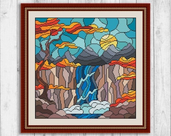 Schema punto croce moderno paesaggio autunnale, schema punto croce cascata, montagna, albero, fiume, schema ricamo, download immediato PDF