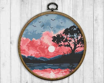 Nature Cross Stitch Pattern, Sunset Cross Stitch Pattern, Mountain, Sea, Modern Cross Stitch Pattern Landscape, Tree, Instant Download PDF