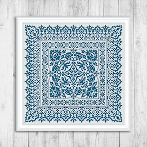 Sampler Cross Stitch Pattern, Carpet Cross Stitch Pattern, Flowers, Antique Embroidery Sampler, Pillow, Monochrome, Instant Download PDF