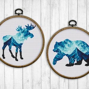 Bear Moose Cross Stitch Pattern, Nature Cross Stitch Chart, Landscape, Animal, Mountain, Starry Sky, Silhouette, Instant Download PDF