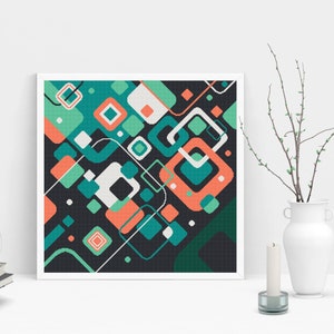 Pode incluir: Impress&atilde;o de arte geom&eacute;trica abstrata com fundo preto e quadrados e ret&acirc;ngulos coloridos em tons de turquesa, verde e coral.