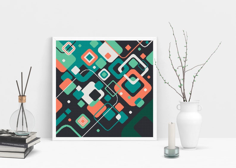Pode incluir: Impress&atilde;o de arte geom&eacute;trica abstrata com fundo preto e quadrados e ret&acirc;ngulos coloridos em tons de turquesa, verde e coral.