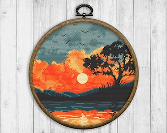 Nature Cross Stitch Pattern, Sunset Cross Stitch Pattern, Mountain, Sea, Modern Cross Stitch Pattern Landscape, Tree, Instant Download PDF