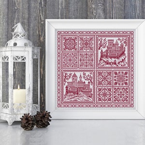 May include: A framed cross-stitch design featuring a red castle with a white background. The castle is surrounded by a border of red and white geometric patterns.