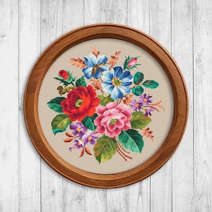 Bloemboeket # 3 Cross Stitch Patroon PDF, Natuur Cross Stitch Patroon, Rose Cross Stitch Patroon, Wilde Bloemen, Moderne Borduurbloemen