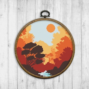 Landscape Modern Cross Stitch Pattern, Nature Cross Stitch Pattern, Mountain, Forest, River, Trees, Sunset, Landscape, Instant Download PDF