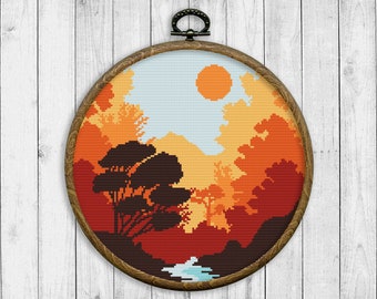 Landscape Modern Cross Stitch Pattern, Nature Cross Stitch Pattern, Mountain, Forest, River, Trees, Sunset, Landscape, Instant Download PDF