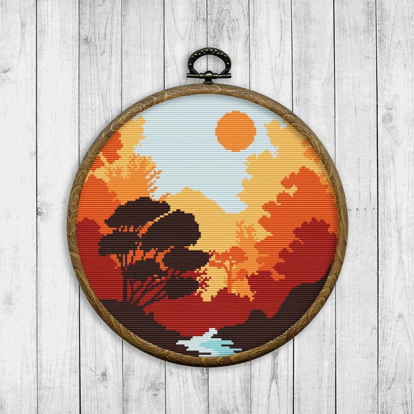 Landscape Modern Cross Stitch Pattern, Nature Cross Stitch Pattern, Mountain, Forest, River, Trees, Sunset, Landscape, Instant Download PDF