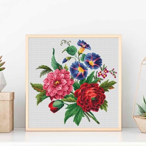 Flower Bouquet 4 Modern Cross Stitch Pattern PDF, Nature Cross Stitch Pattern, Embroidery Flower Peony, Morning Glory Cross Stitch Chart image 9