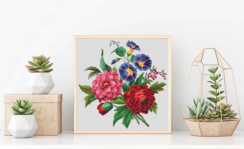 Flower Bouquet 4 Modern Cross Stitch Pattern PDF, Nature Cross Stitch Pattern, Embroidery Flower Peony, Morning Glory Cross Stitch Chart image 9