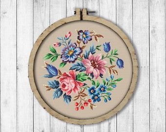 Vintage Bouquet # 12 Cross Stitch Pattern, Rose Cross Stitch Pattern, Berlin Woolwork, Flowers Bouquet, Lily, Modern Embroidery Flowers