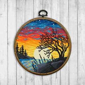 Sunset Cross Stitch Pattern, Nature Counted Cross Stitch Chart, Landscape, Mountain, River, Tree, Plants, Starry Sky, Instant Download PDF