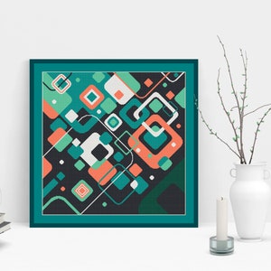 Pode incluir: Uma impress&atilde;o geom&eacute;trica abstrata emoldurada com formas azul-esverdeadas, verdes, brancas e laranja sobre um fundo preto. A moldura &eacute; azul-esverdeada.