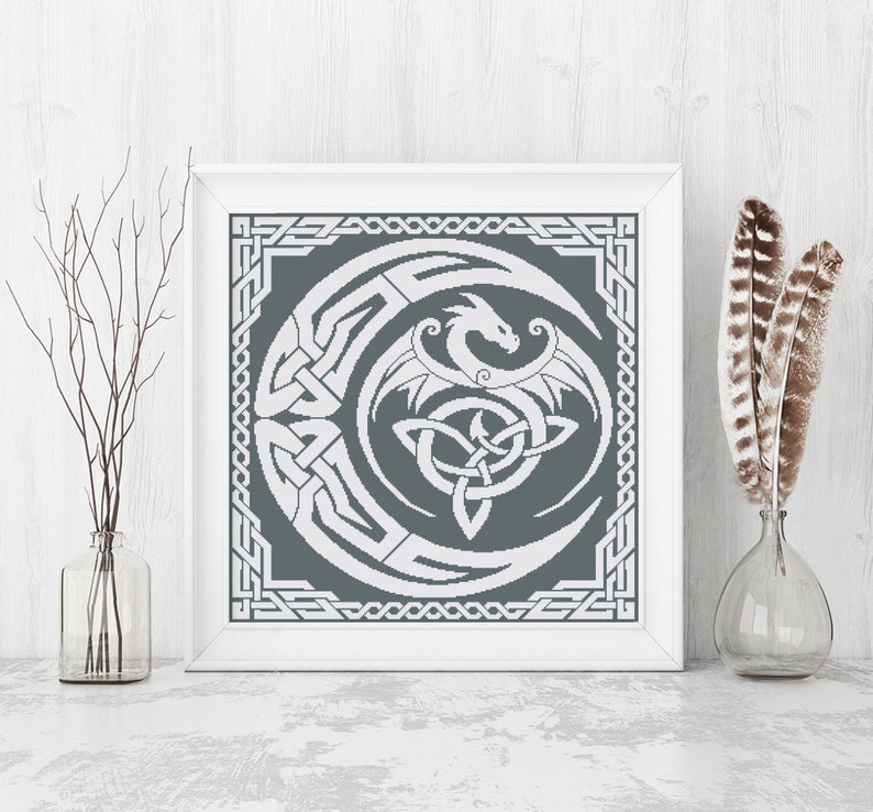 Dragon Cross Stitch Pattern, Sampler Cross Stitch Pattern, Celtic Cross Stitch, Moon, Modern Cross Stitch, Monochrome, Instant Download PDF image 5