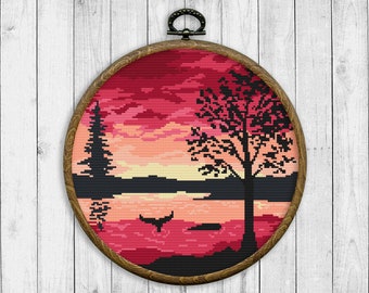 Landscape Modern Cross Stitch Pattern, Nature Counted Cross Stitch Chart, Sunset, River, Tree, Embroidery Landscape, Instant Download PDF