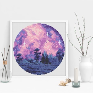 Nature Cross Stitch Pattern, Modern Cross Stitch Pattern, Landscape Cross Stitch Patterns, Northern Lights Cross Stitch, Galaxy, Starry Sky image 2