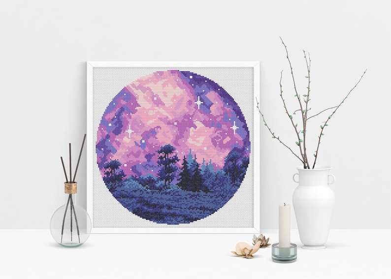 Nature Cross Stitch Pattern, Modern Cross Stitch Pattern, Landscape Cross Stitch Patterns, Northern Lights Cross Stitch, Galaxy, Starry Sky image 2