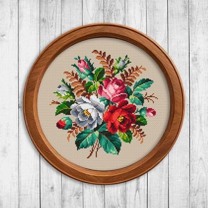 Flower Bouquet # 2 Cross Stitch Pattern PDF, Nature Cross Stitch Pattern, Rose Cross Stitch Pattern, Garden Roses Modern Embroidery Flowers