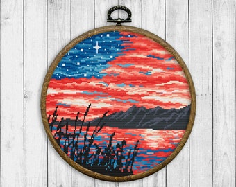 Nature Cross Stitch Pattern, Landscape Counted Cross Stitch Chart, USA Flag, Sunset, Night Starry Sky, River, Mountain, Instant Download PDF