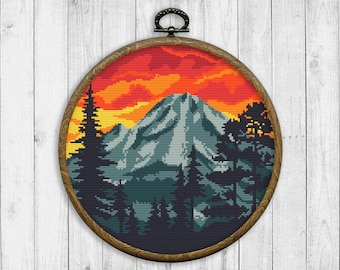 山林クロスステッチパターン、自然風景刺繍（PDFダウンロード） - Etsy