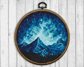 Nature Cross Stitch Pattern, Landscape Counted Cross Stitch Chart, Mountain, Forest, Starry Sky, Night Sky, Galaxy, Instant Download PDF