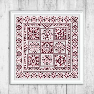 Patrón de punto de cruz de muestra, gráfico de punto de cruz contado de alfombras, cuadrados, muestra de bordado antiguo, adorno, almohada, descarga instantánea de PDF