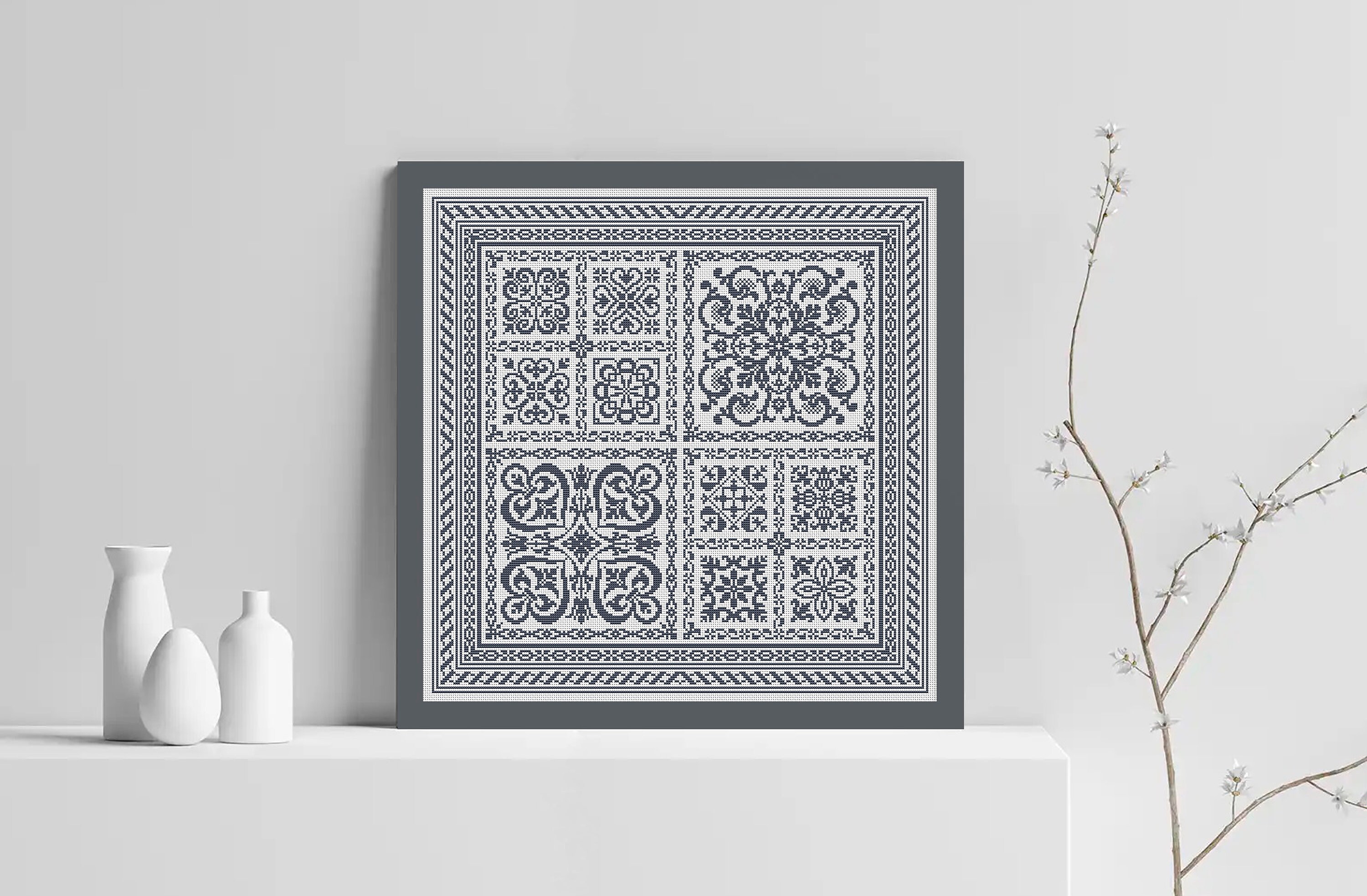 Sampler Cross Stitch Pattern, Monochrome Cross Stitch