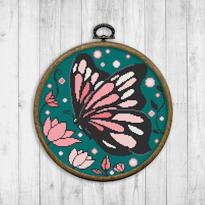 Vlinder Cross Stitch patroon, bloemen geteld Cross Stitch Chart, natuur, bloemen, borduurwerk vlinder, planten, nachtvlinder, digitaal formaat - PDF