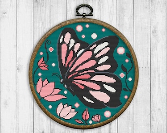 Butterfly Cross Stitch Pattern, Flowers Counted Cross Stitch Chart, Nature, Floral, Embroidery Butterfly, Plants, Moth, Digital Format - PDF