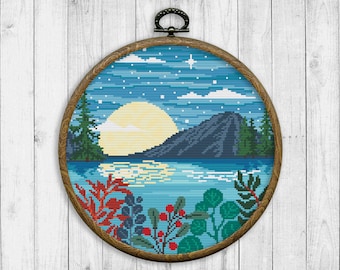 Landscape Cross Stitch Pattern, Nature Counted Cross Stitch Chart, Mountain, Lake, Moon, Plants, Starry Sky, Modern, Instant Download PDF