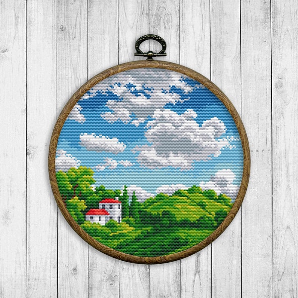 Nature Cross Stitch Pattern, Modern Cross Stitch Pattern, Landscape Cross Stitch, Summer Green Hills, House, Mountain, Skyline, Clouds, Tree