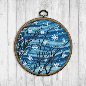 Winter Landscape Cross Stitch Pattern, Nature Counted Cross Stitch Chart, Snowflakes, Holidays, Snowstorm, Trees, Snow, Instant Download PDF