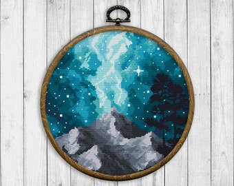 Landscape Cross Stitch Pattern, Nature Counted Cross Stitch Chart, Mountain, Tree, Starry Sky, Night Modern Landscape, Instant Download PDF