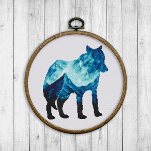 Kreuzstichvorlage Wolf, Kreuzstichvorlage, Natur, Landschaft, Berg, Sternenhimmel, modern, Wolf Silhouette, Sofort Download PDF