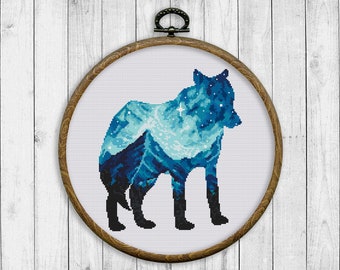 Wolf Cross Stitch Pattern, Nature Cross Stitch Chart, Landscape, Animal, Mountain, Starry Sky, Modern, Wolf Silhouette, Instant Download PDF