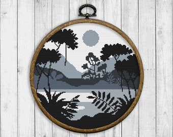 Landschap Modern Cross Stitch Patroon, Natuur Cross Stitch Chart, Berg, Bos, Rivier, Bomen, Monochroom Landschap, Instant Download PDF