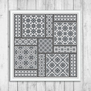 Muestrario de patrones de punto de cruz, patrón de punto de cruz de mosaico cuadrado, motivo rectangular, muestrario de bordado moderno, monocromo, descarga instantánea en PDF