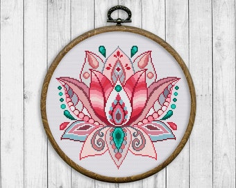 Floral Modern Cross Stitch Pattern, Flowers Cross Stitch Pattern, Lotus, Mandala, Nature Counted Cross Stitch Chart, Instant Download PDF