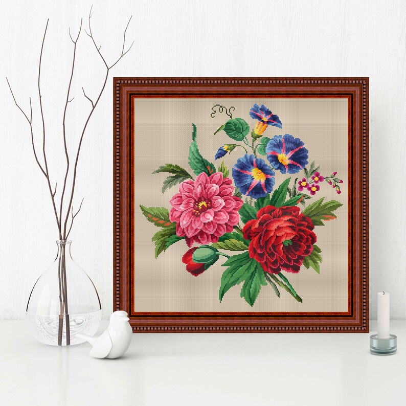 Flower Bouquet 4 Modern Cross Stitch Pattern PDF, Nature Cross Stitch Pattern, Embroidery Flower Peony, Morning Glory Cross Stitch Chart image 2