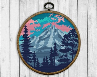 Paysage moderne Cross Stitch Pattern, Nature Cross Stitch Pattern, Mountain, Forest, Sky, Trees, Embroidery Landscape, Instant Download PDF