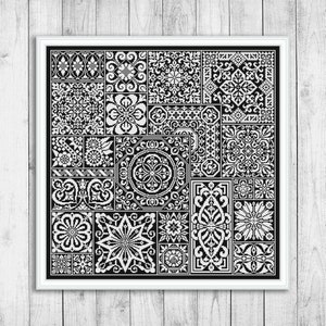 Patrón de punto de cruz moderno, patrón de punto de cruz de muestrario, muestrario de bordado de mosaico, patrones de punto de cruz, punto de cruz de mosaico monocromático